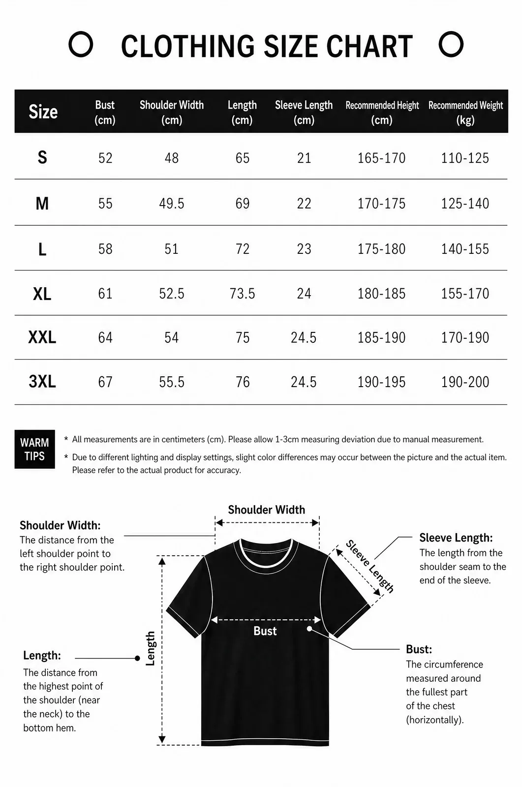 Size chart for the drop shoulder t-shirt, S to 3XL, measurements in centimeters