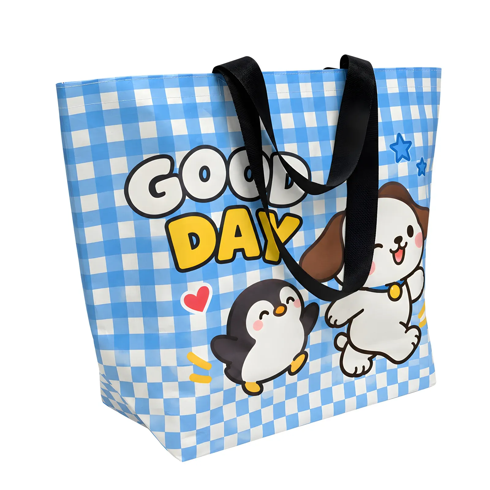 Blue gingham PP woven tote bag with Good Day cartoon puppy and penguin print shown from a three-quarter angle
