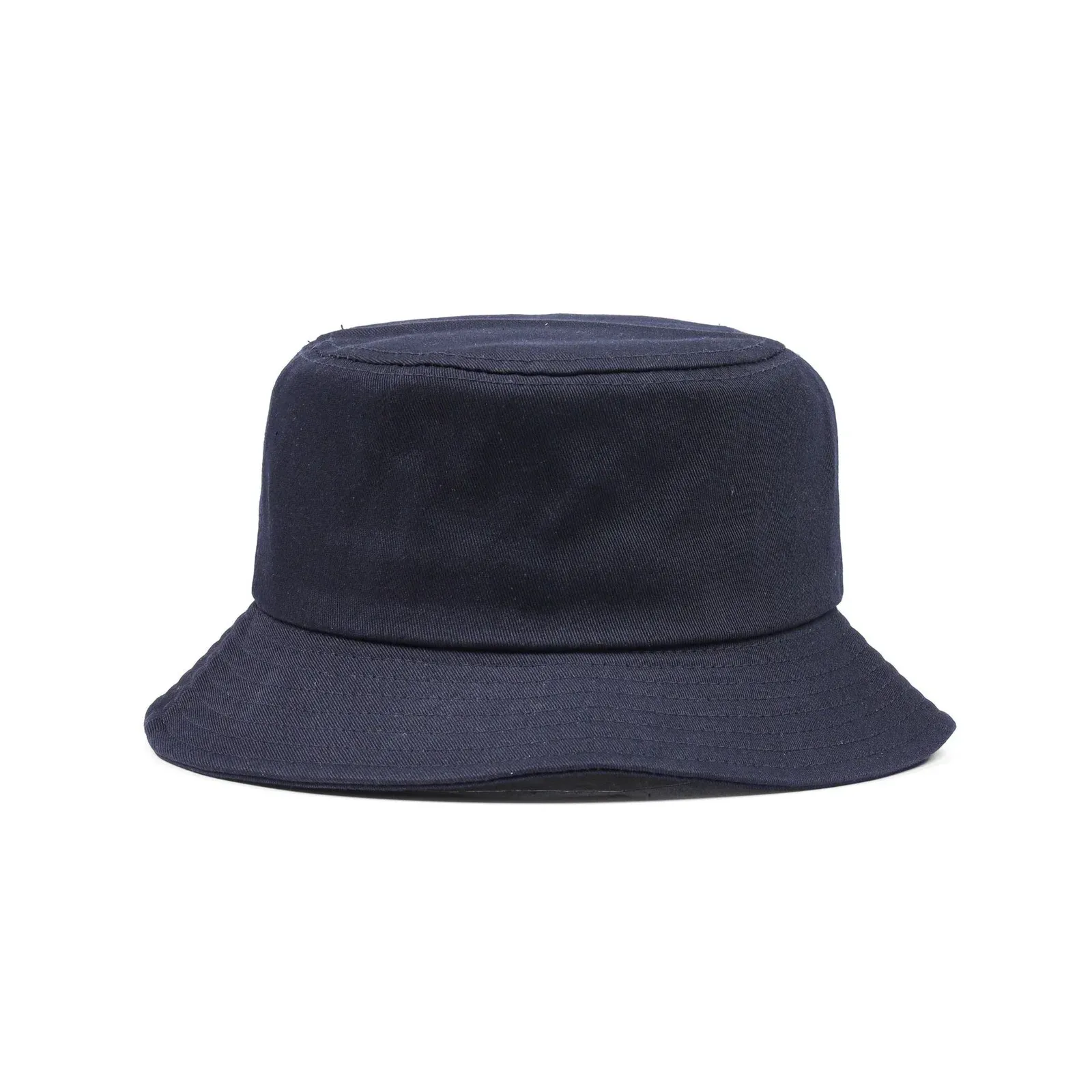 Navy blue cotton bucket hat with unstructured crown and all-around brim, front view on white background