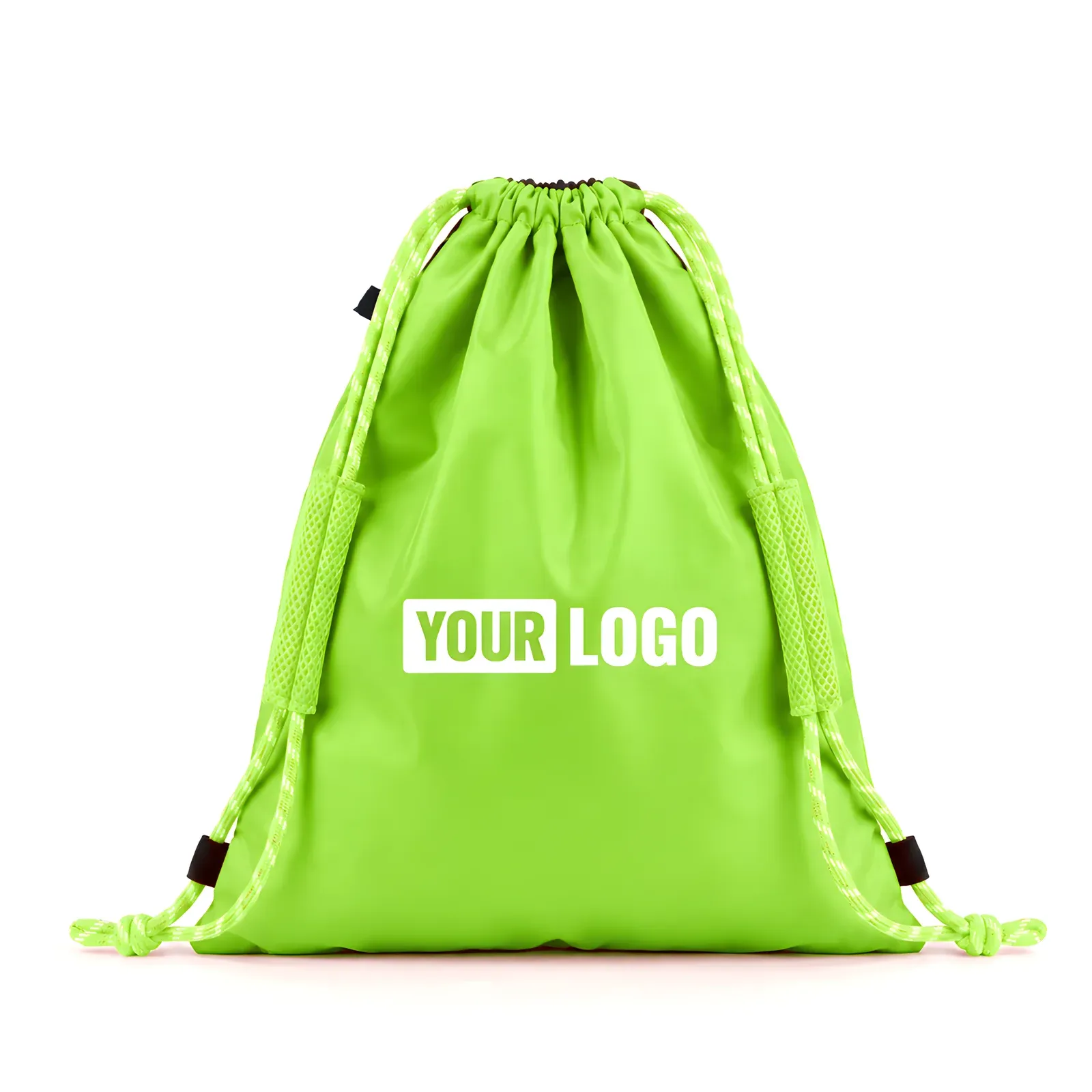 Neon green nylon drawstring backpack with padded mesh shoulder straps, black cord locks and YOUR LOGO print, front view