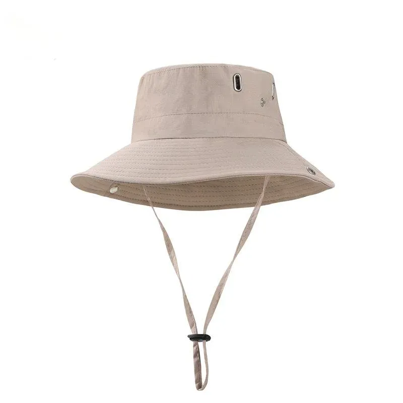 Khaki wide-brim bucket hat with metal eyelets and a chin cord with cinch toggle, front view