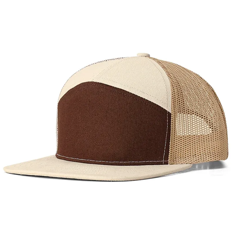 Brown and cream flat brim snapback cap with khaki mesh back, side view