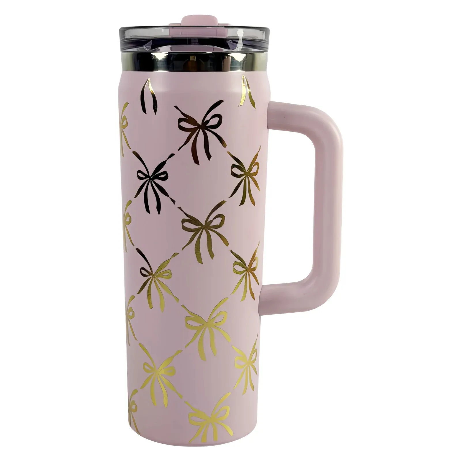 Pink tumbler with side handle and metallic gold and black bow print, clear lid with pink slider on top