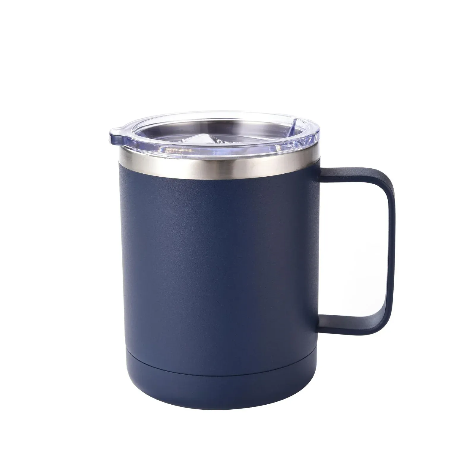 Navy coffee mug with handle and clear lid product view 1