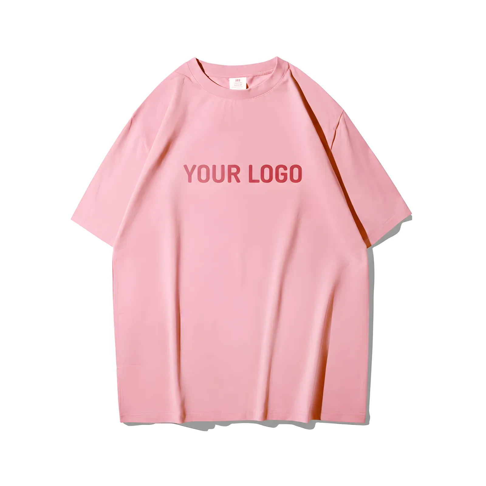 Pink drop shoulder t-shirt with printed YOUR LOGO chest text, front view