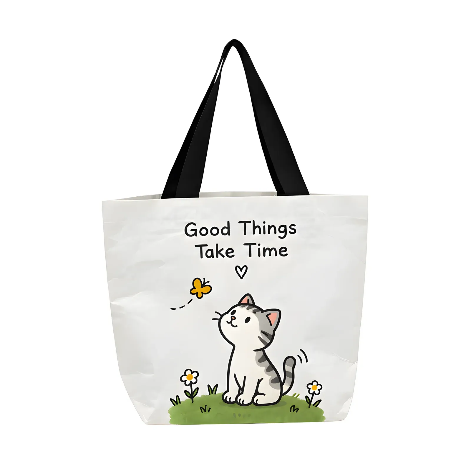 White RPET tote with grey tabby cat and butterfly print reading Good Things Take Time, black webbing handles, front view