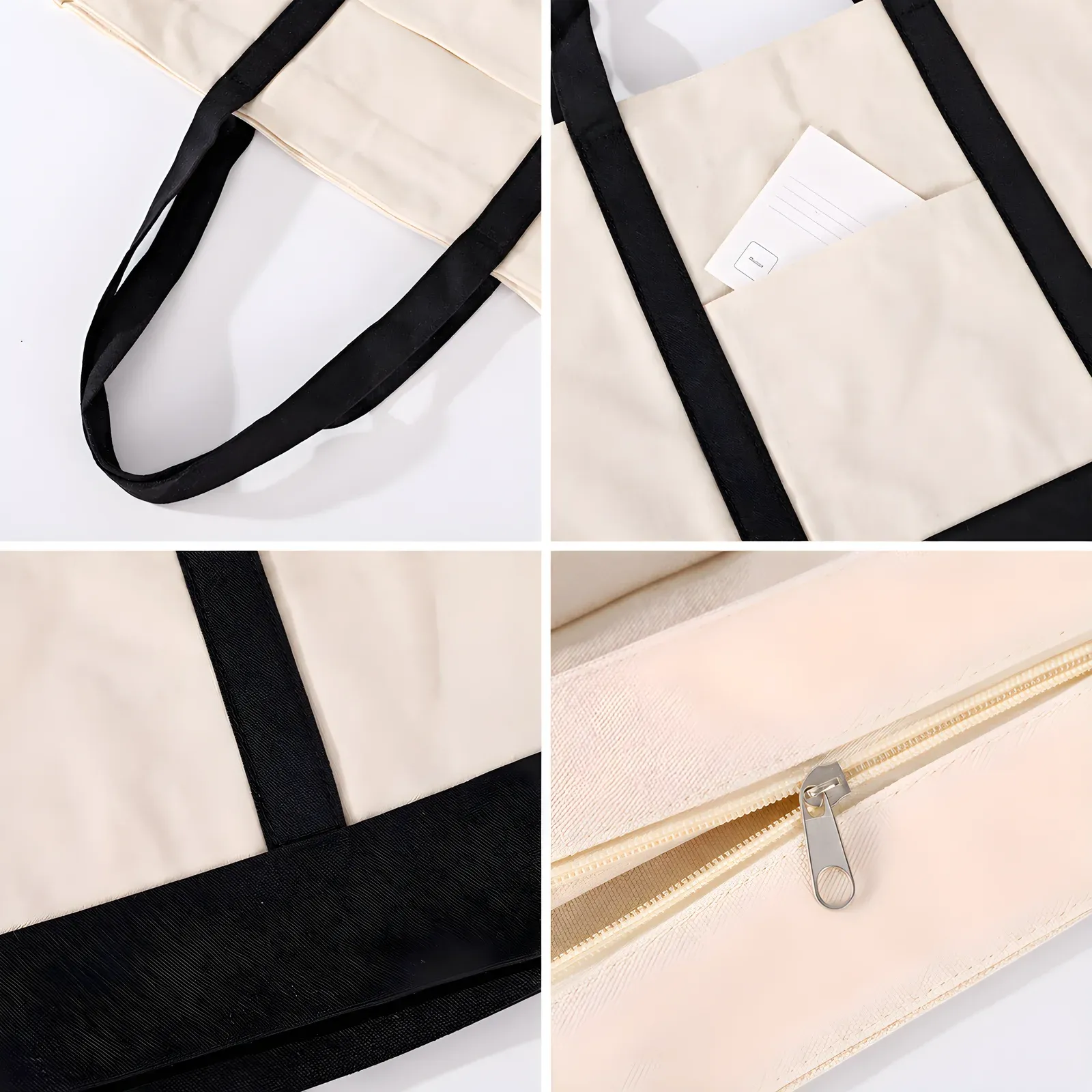 Four close-up details of the black-trim canvas tote showing the webbing handle, front pocket, base stitching and metal zipper slider