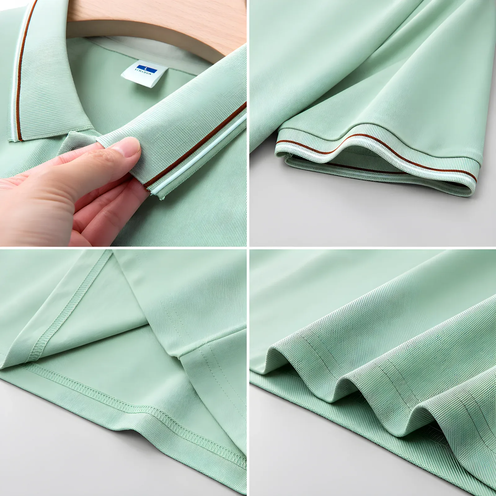 Detail collage of light green contrast tipping polo shirt showing collar tipping, sleeve cuff, hem and pique fabric