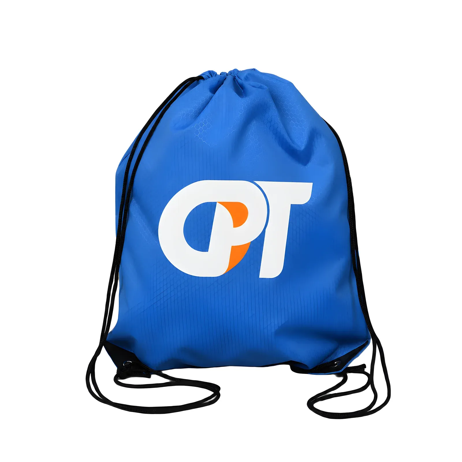 Royal blue 420D polyester drawstring backpack with white OPT logo print, black drawstrings and reinforced corner eyelets, front view on white background