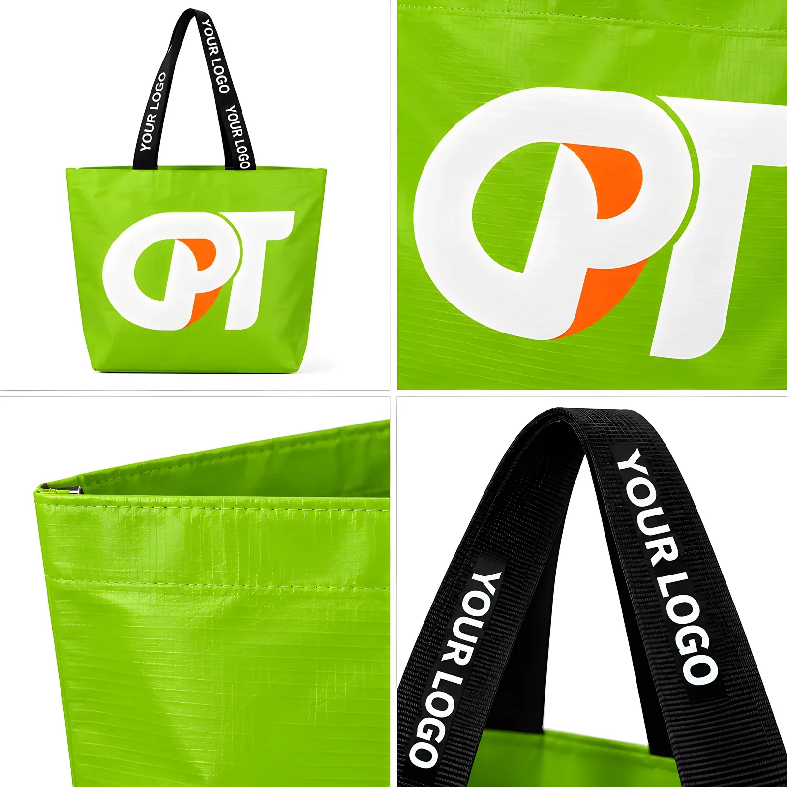 Composite of four detail views of the green PP woven tote showing demo logo close-up, top seam stitching and black woven handles