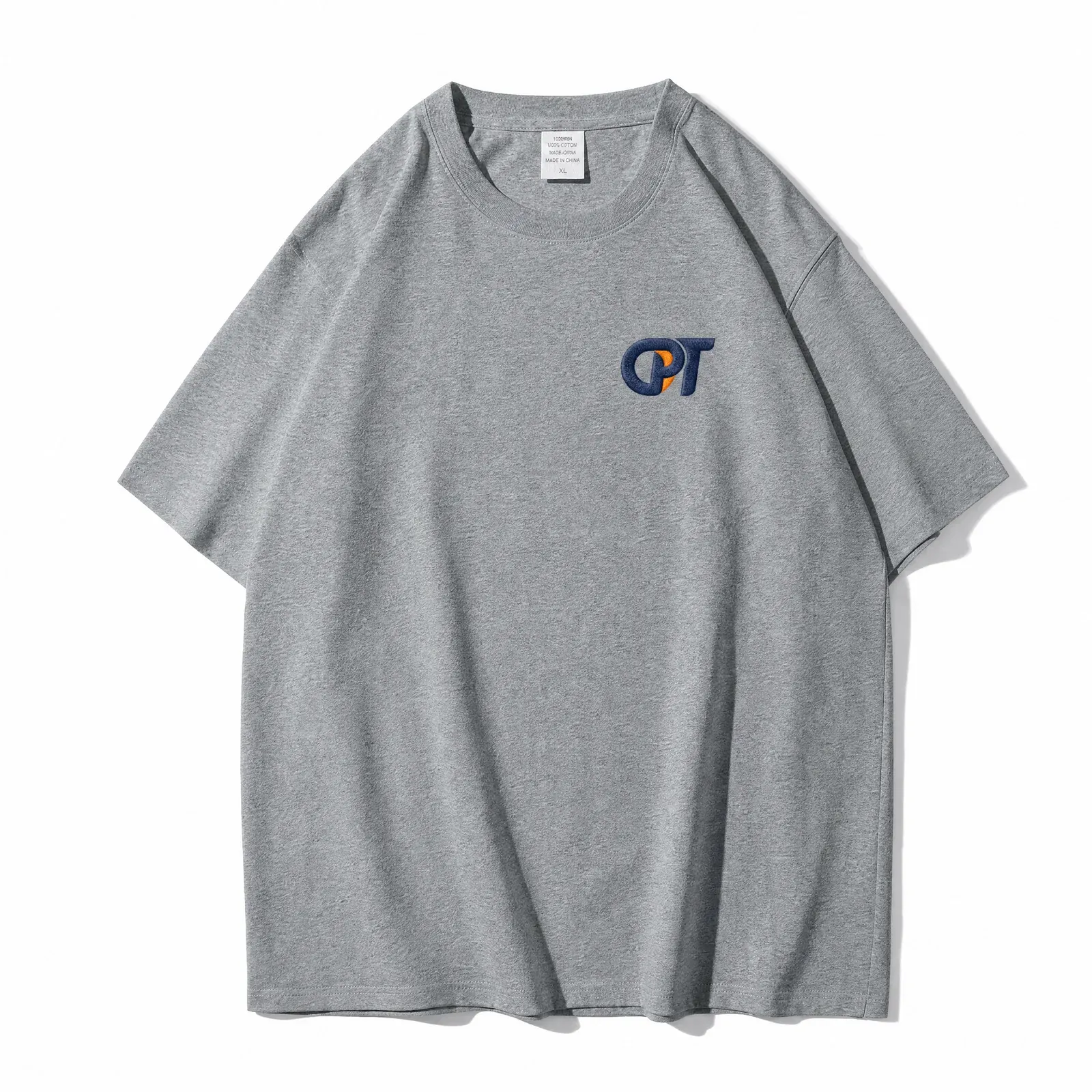 Grey drop shoulder t-shirt with embroidered chest logo, front view