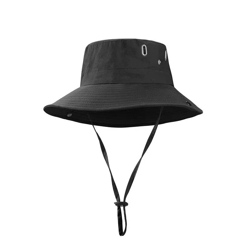 Black wide-brim bucket hat with metal eyelets and a chin cord with cinch toggle, front view