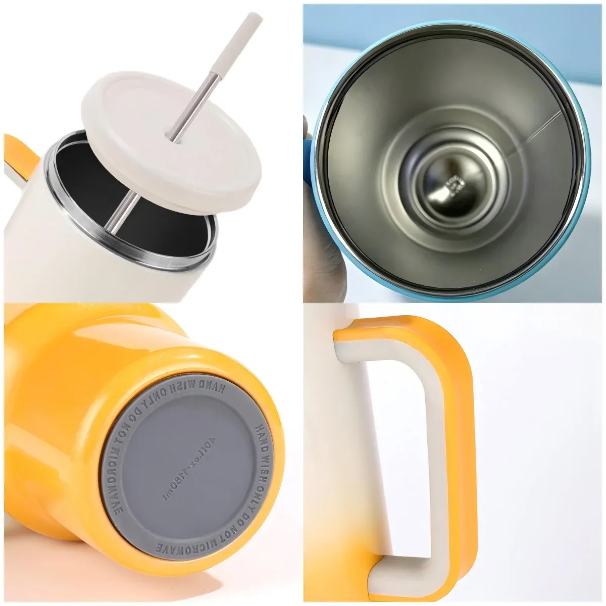 Detail collage of the 40oz tumbler showing the straw lid, stainless interior, base marking and handle close-up