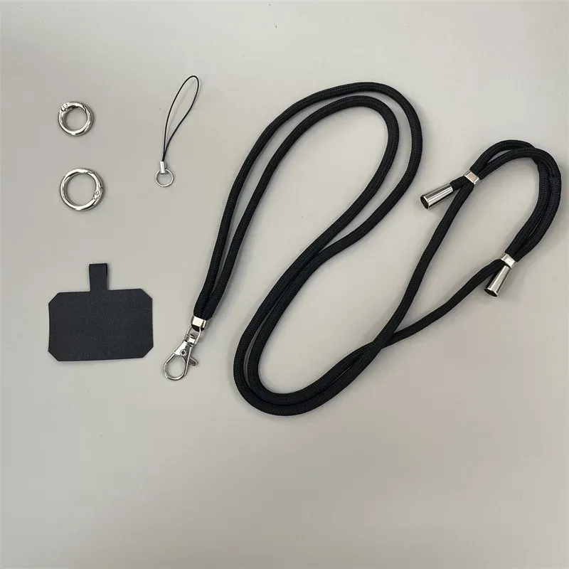 Black rope phone lanyard kit with patch and rings