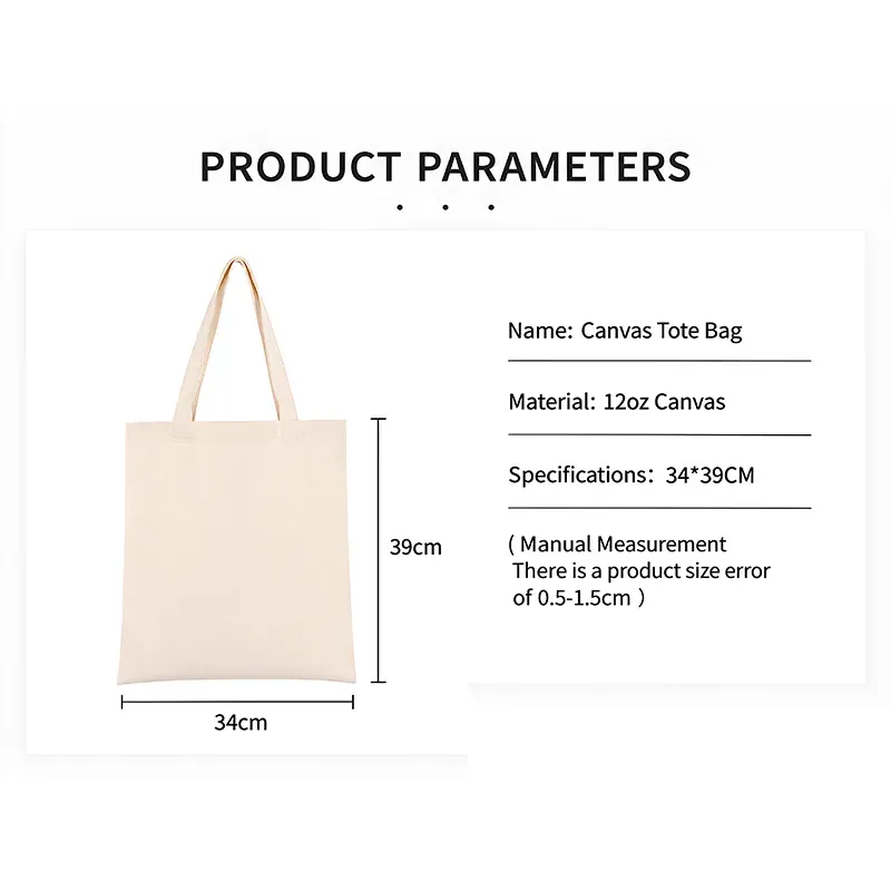 Official specification card: Canvas Tote Bag, 12oz canvas, 34x39 cm