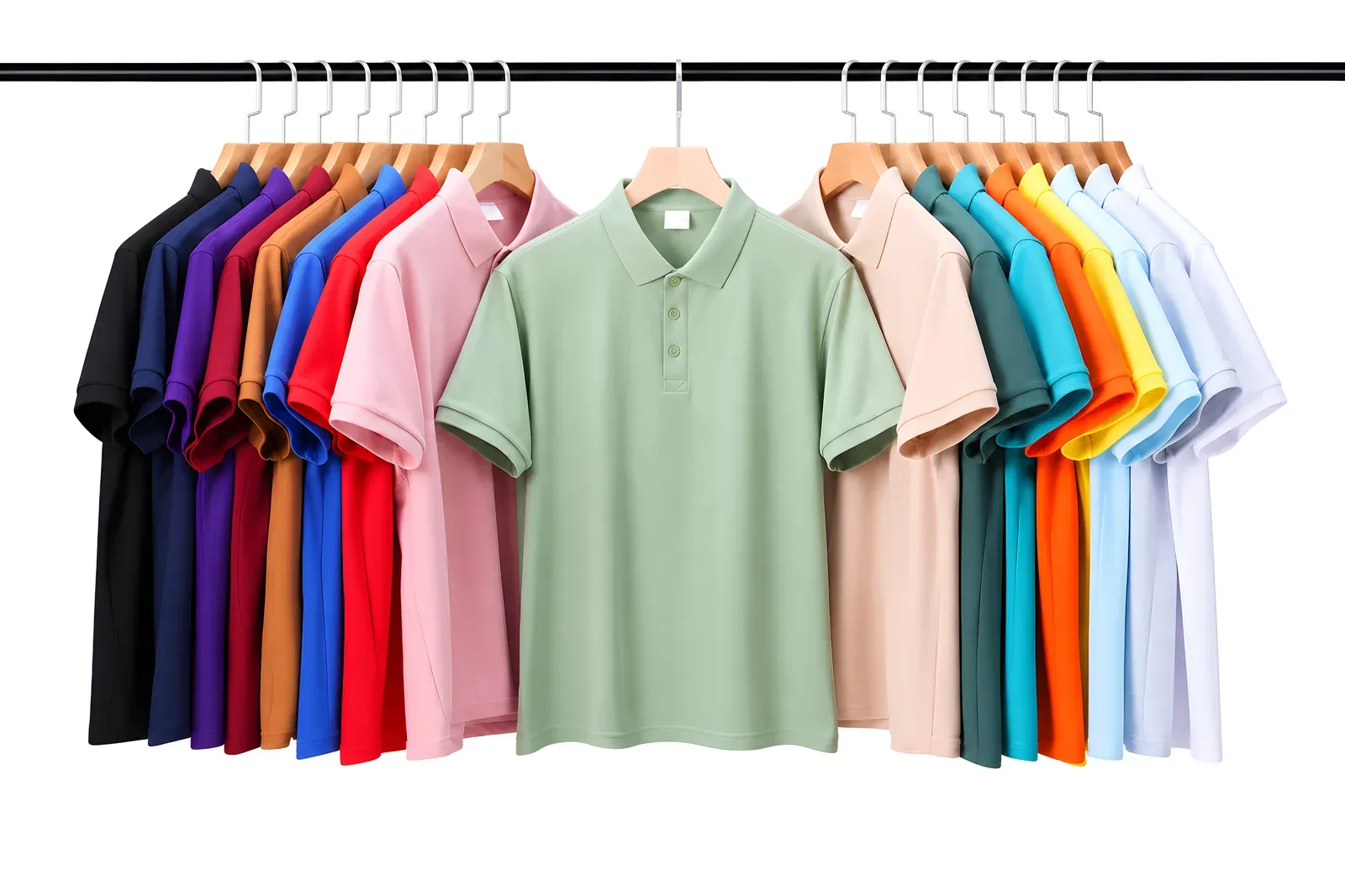 Color options lineup of classic pique polo shirts on hangers