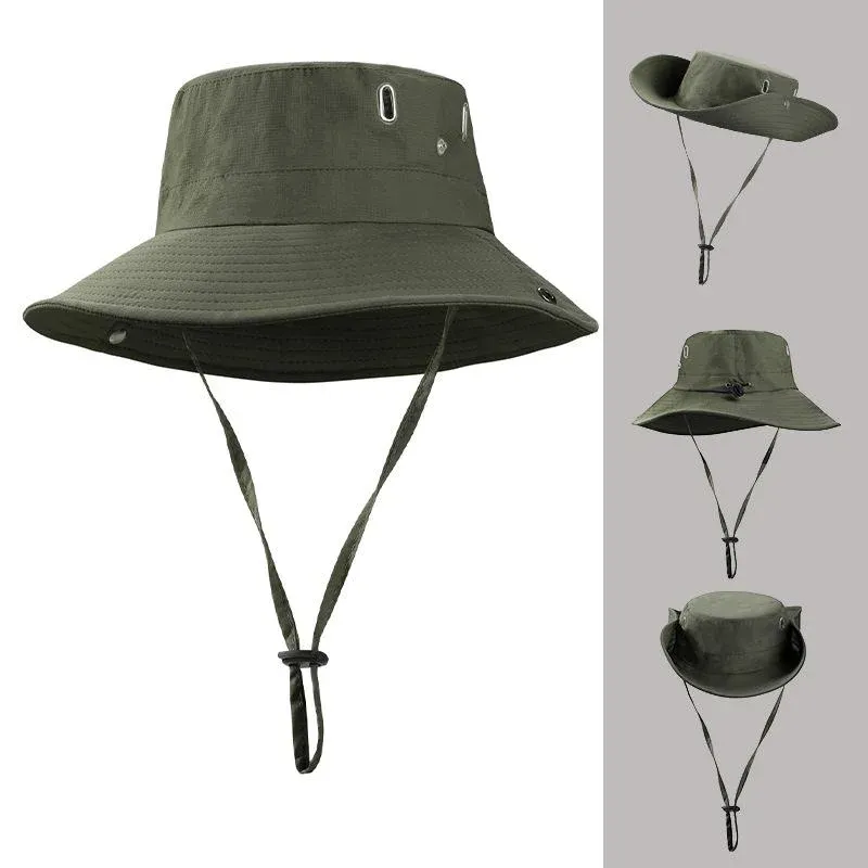 Army green wide-brim fishing bucket hat with metal eyelets and a chin cord with cinch toggle, shown from front, top, side and back angles