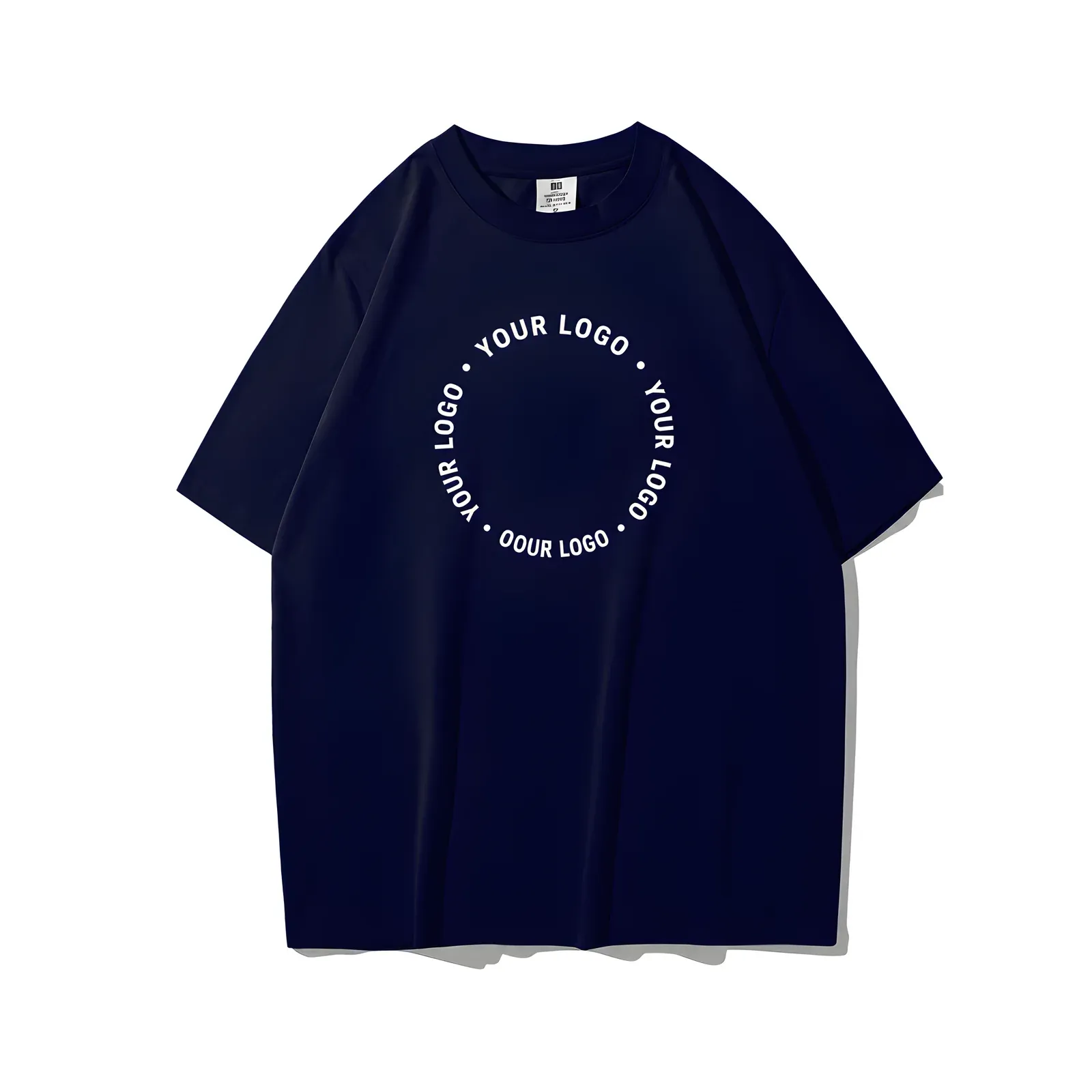 Navy drop shoulder t-shirt with circular printed YOUR LOGO, front view