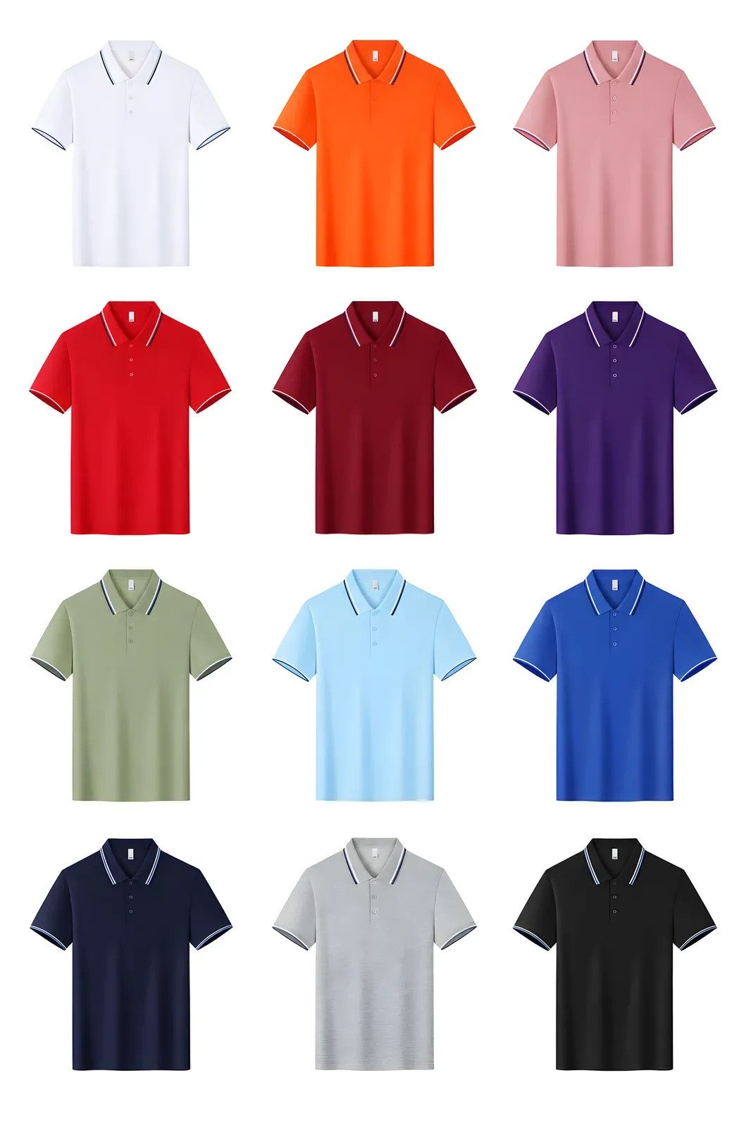 Color options lineup of contrast tipping polo shirts in 12 colors