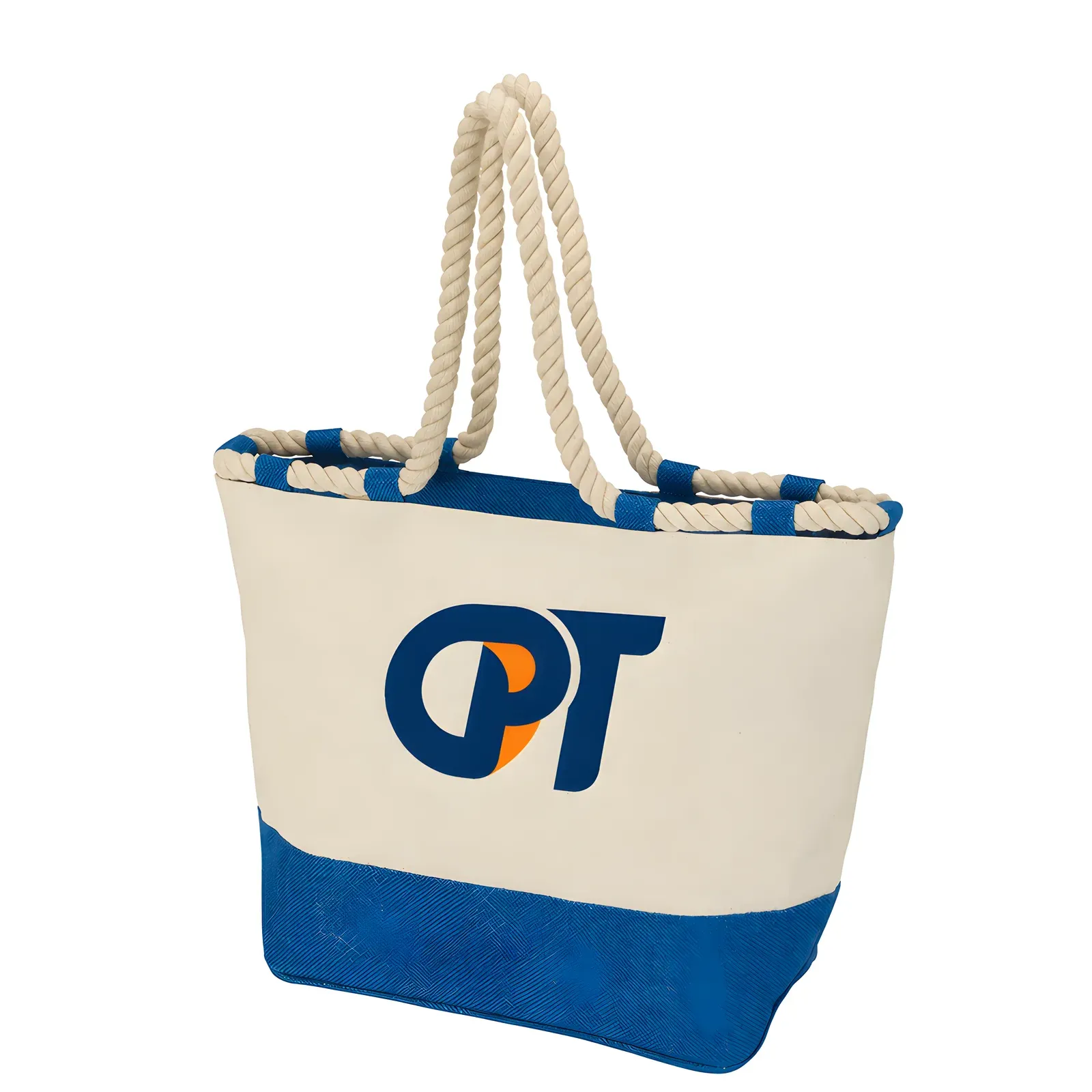 Cream boat tote with twisted rope handles and a blue contrast base, front view printed with the OPT logo