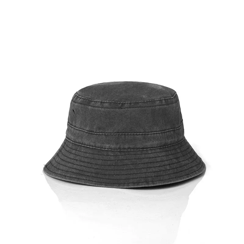Dark grey washed denim bucket hat, front view with faded washed finish