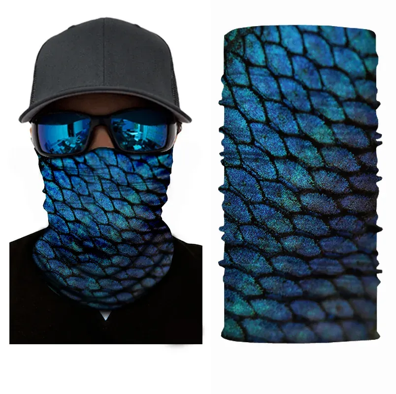 Blue fish-scale print magic head scarf worn as face mask