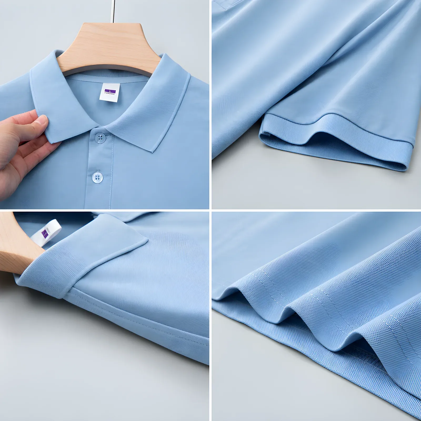 Detail collage of light blue classic pique polo shirt showing collar, sleeve cuff, hem and pique fabric