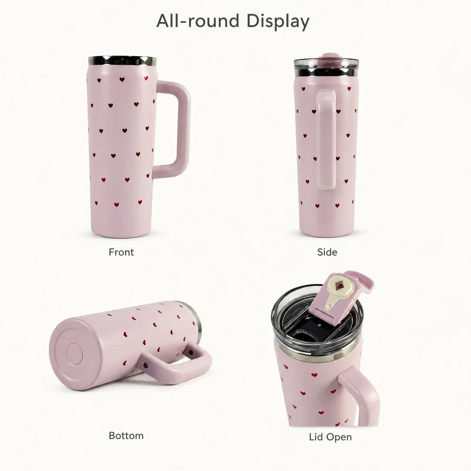 All-round display infographic of the pink heart-print handled tumbler showing front, side, bottom and lid-open views