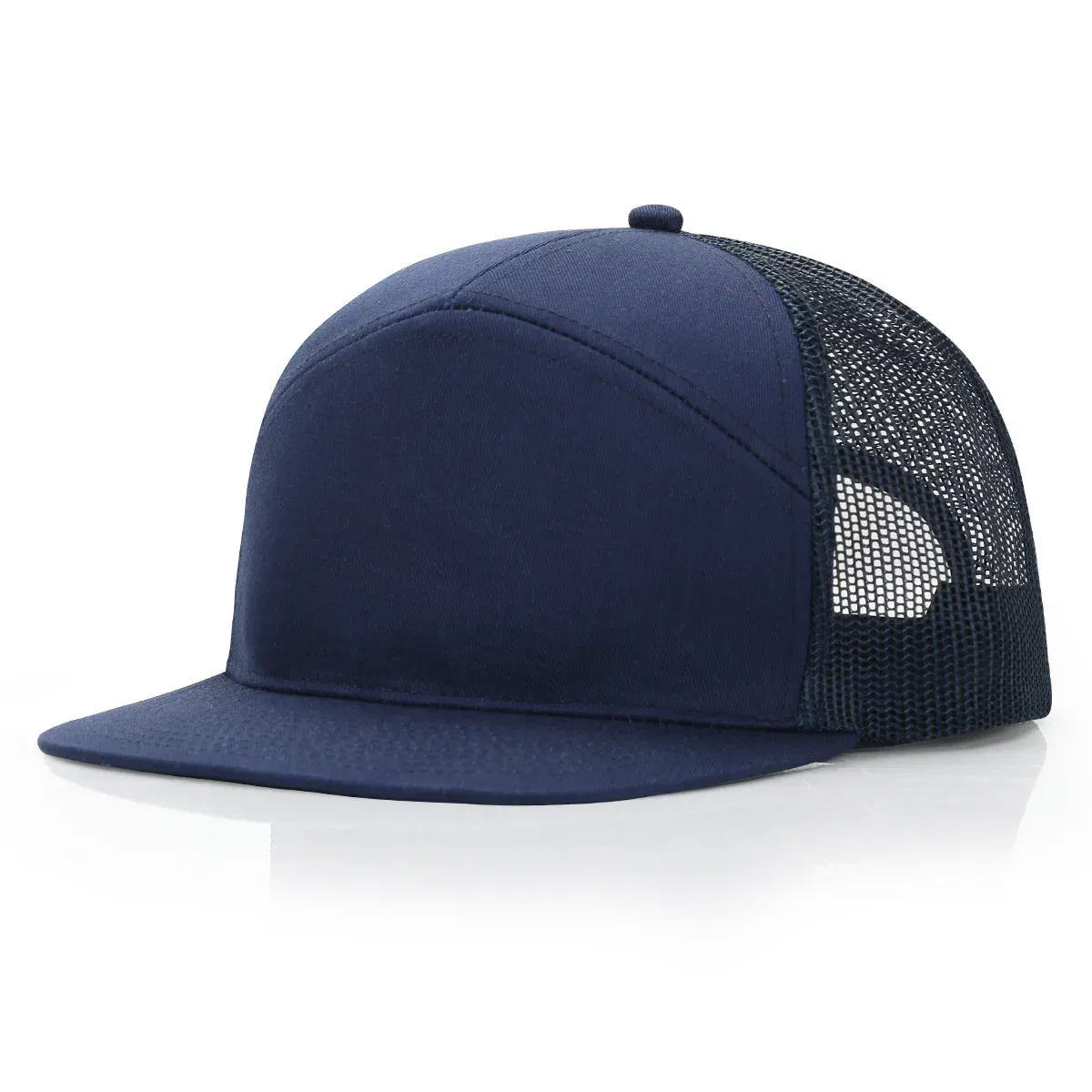 Structured seven-panel flat brim cap with navy cotton twill front and mesh back, side view