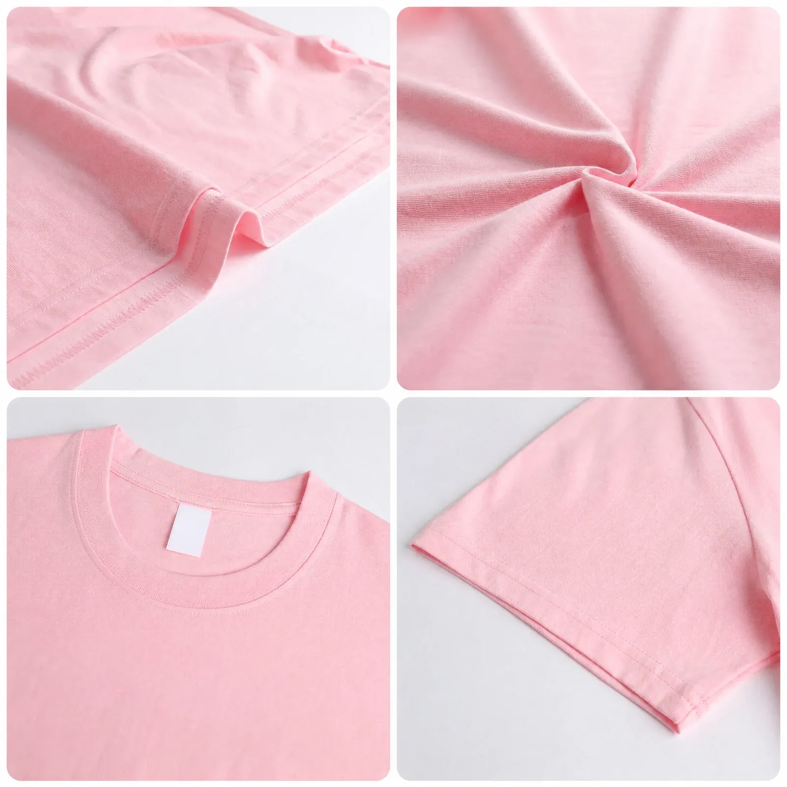Close-up details of the pink colorway: hem, collar and sleeve stitching