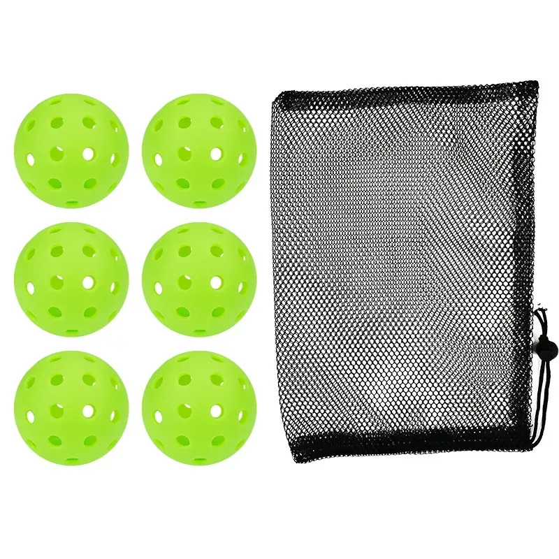 Six lime TPE pickleballs with mesh carry bag