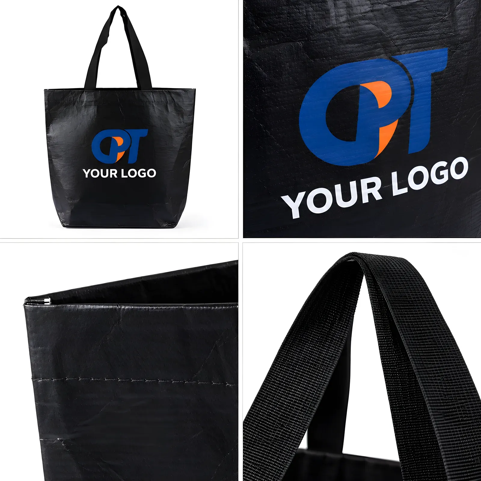 Composite of four detail views of the black laminated RPET tote: full front, logo close-up, top seam and webbing handle close-up