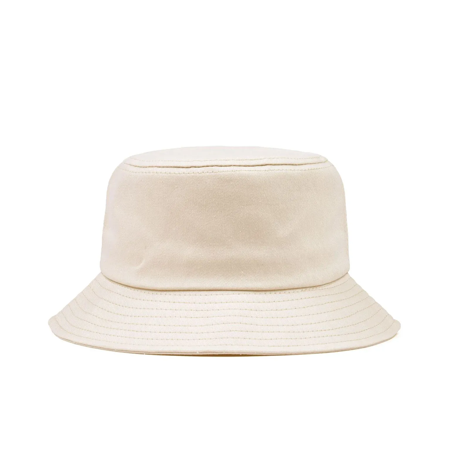 Natural cream cotton bucket hat with unstructured crown and all-around brim, front view on white background