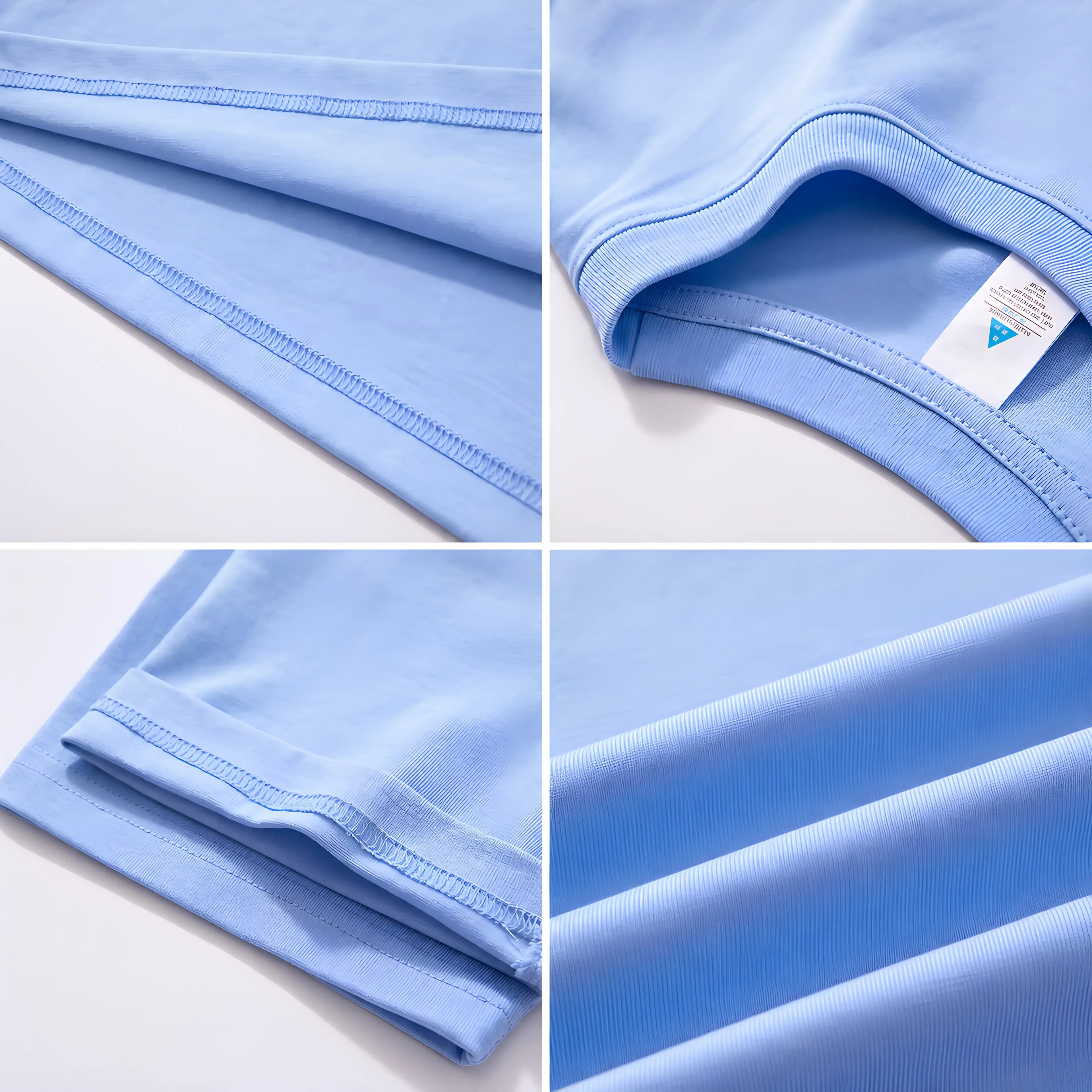 Crew neck t-shirt fabric detail collage: stitching, collar, seams and hem