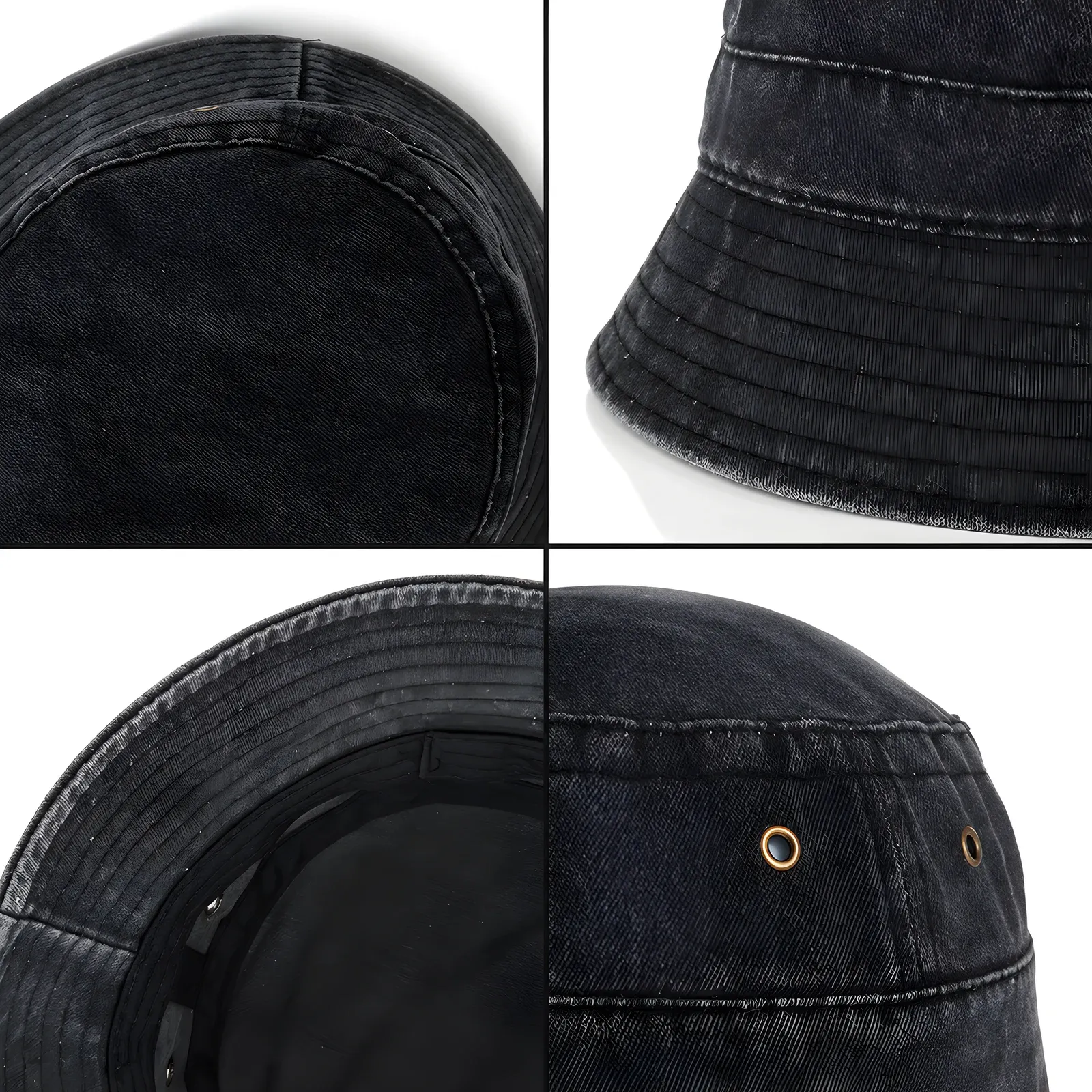 Four-panel detail collage of a black washed denim bucket hat showing the inside crown, brim stitching and metal eyelets