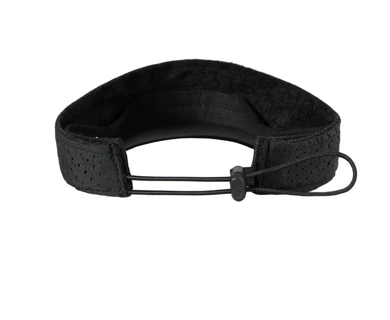 Rear view of black nylon visor showing perforated band and elastic drawcord closure with toggle