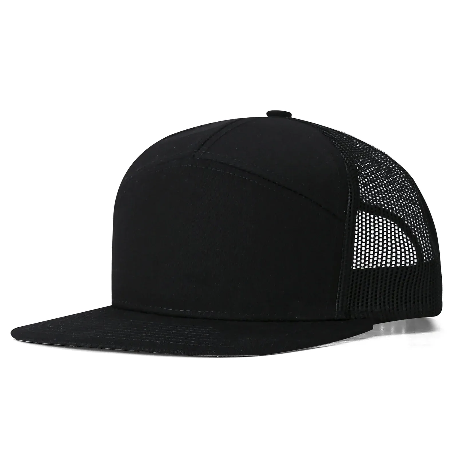 Black structured seven-panel flat brim snapback cap with mesh back panels, side view
