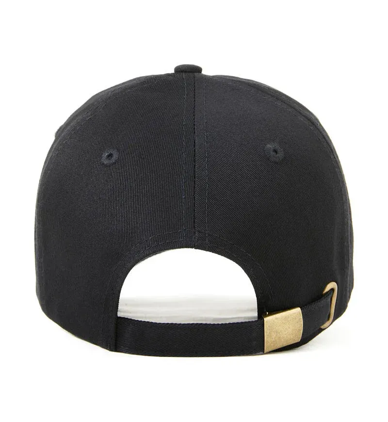 Back view of the black structured cotton twill baseball cap showing the adjustable metal buckle strap
