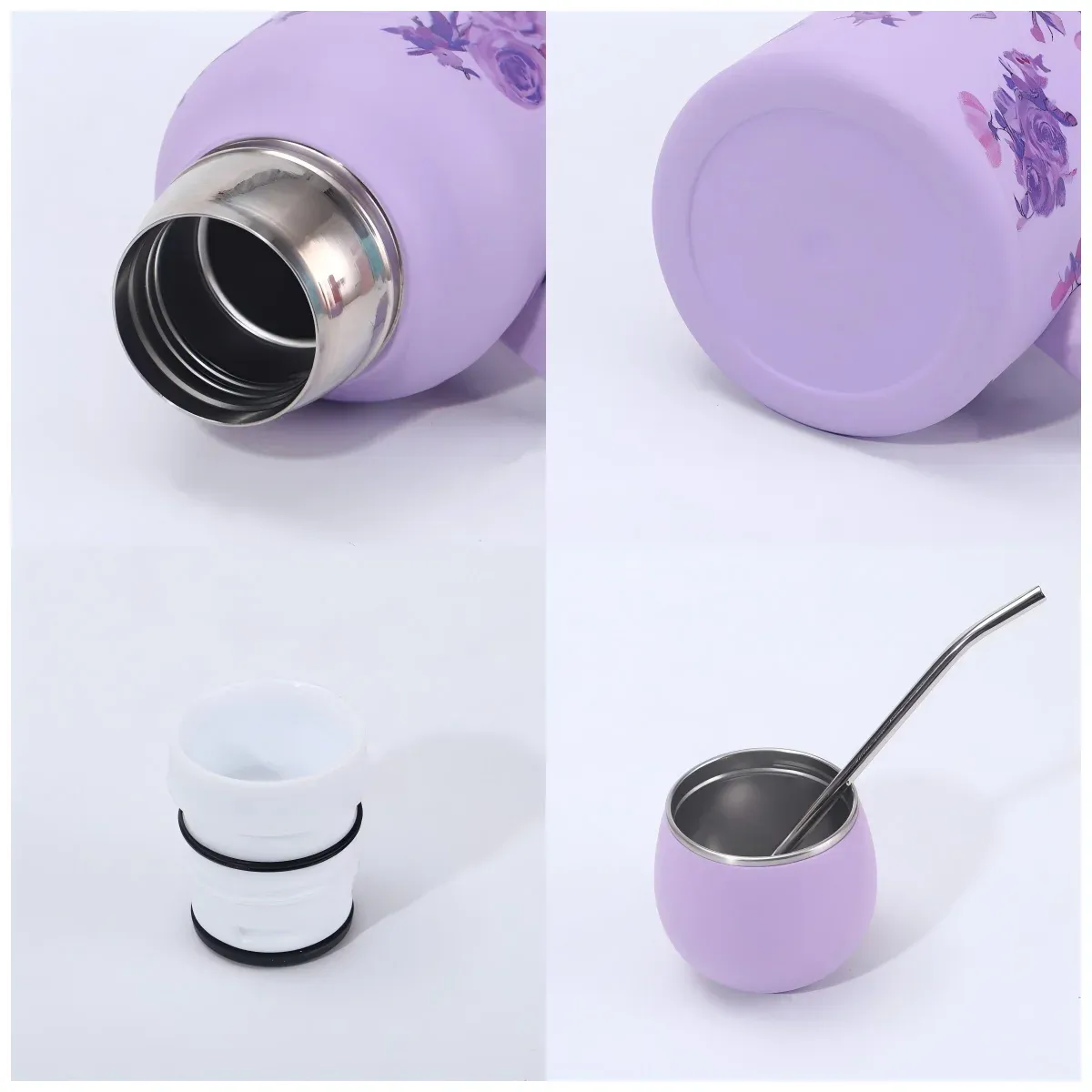 Four-panel detail collage of the purple floral vacuum bottle: threaded stainless steel mouth, matte purple base, spare white cap with silicone seals and a lavender cup with bent metal straw