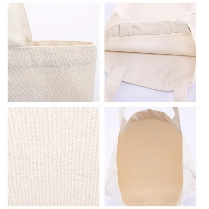 Canvas tote bag craftsmanship detail collage: handles, opening, stitching and interior
