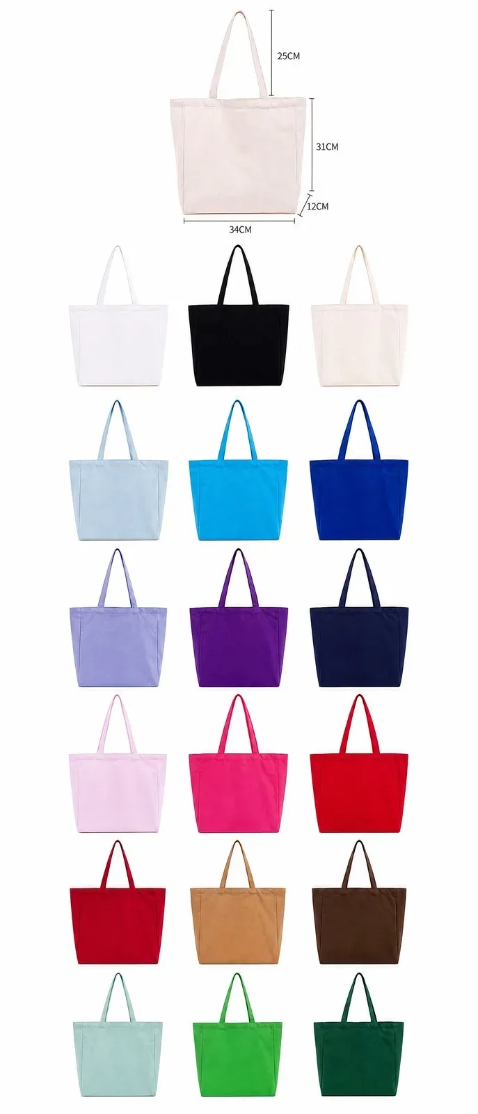 Color chart and size diagram for large shopping tote bag