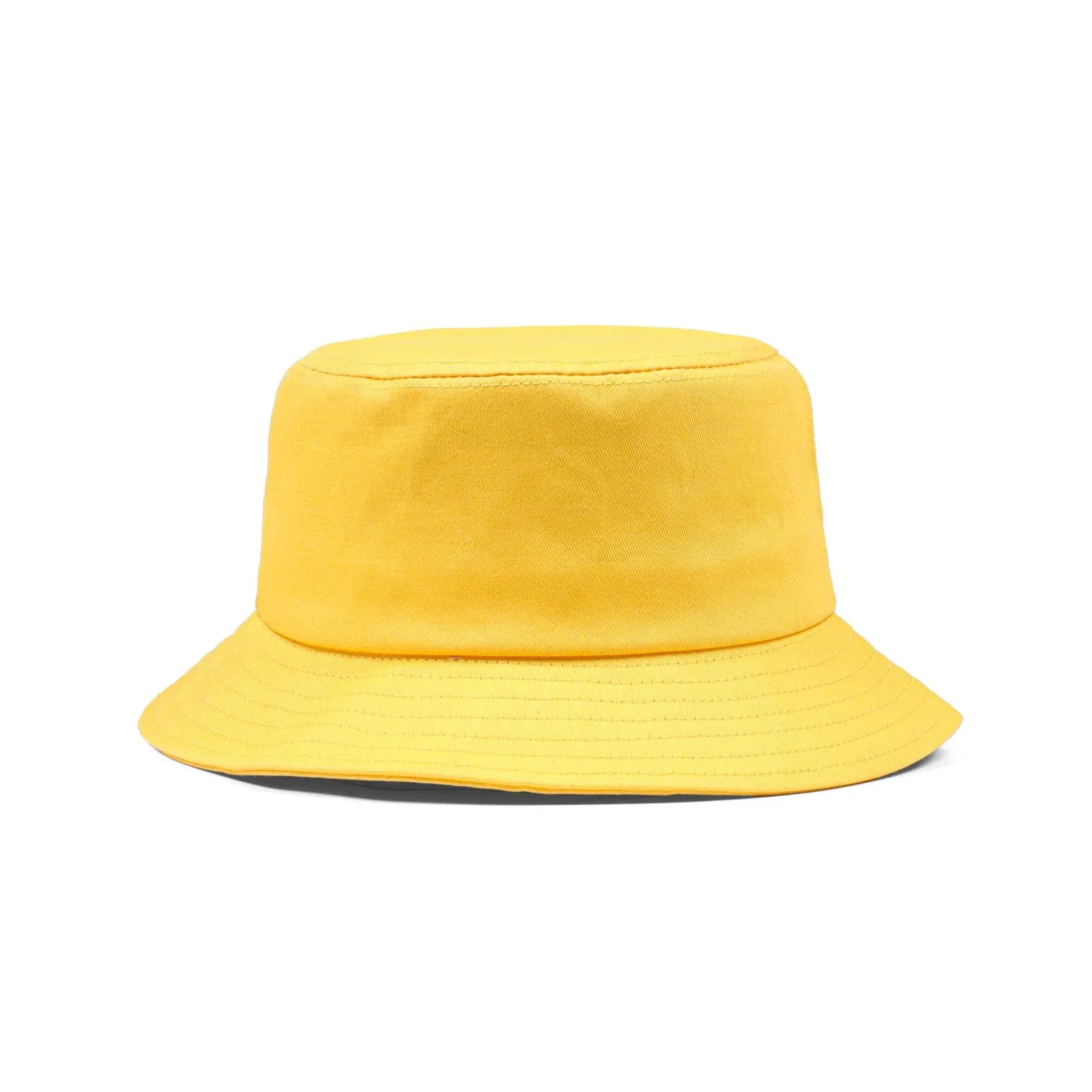 Yellow cotton bucket hat with unstructured crown and all-around brim, front view on white background