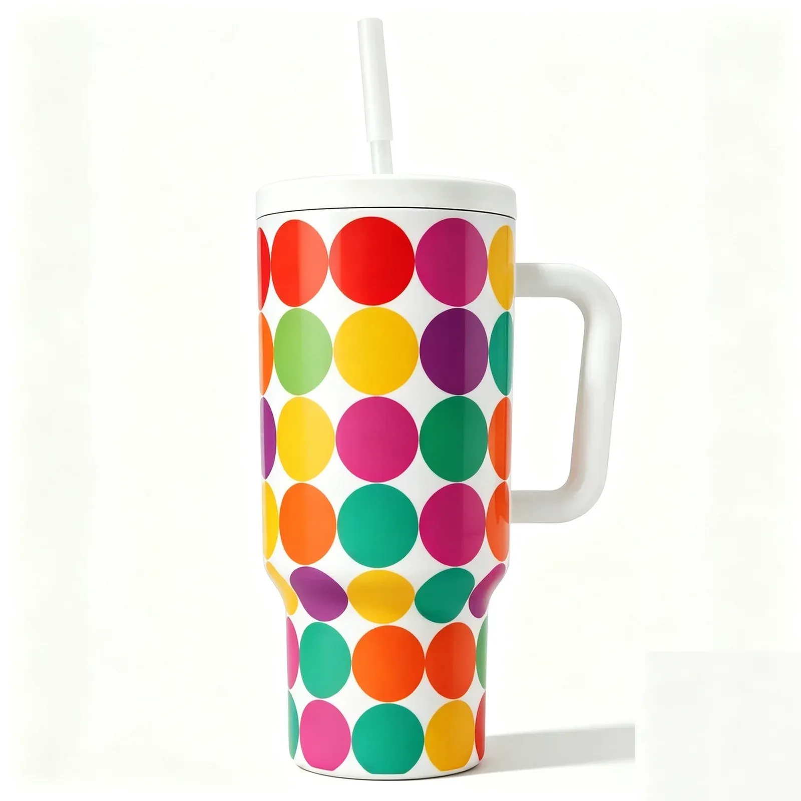 White 40oz stainless steel tumbler with rainbow polka dot print, side handle and straw lid