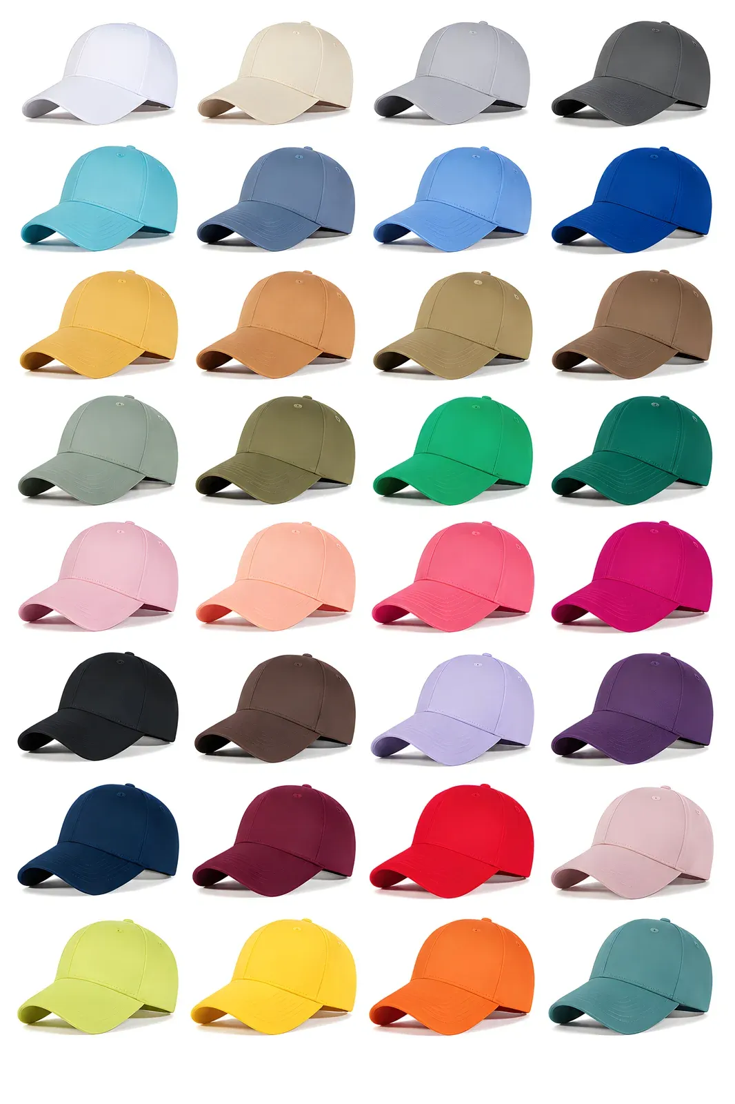 Color options grid of plain structured cotton twill baseball caps in assorted solid colors