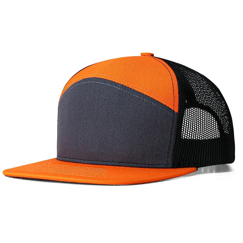 Flat brim snapback baseball cap in orange, charcoal and black mesh, side view