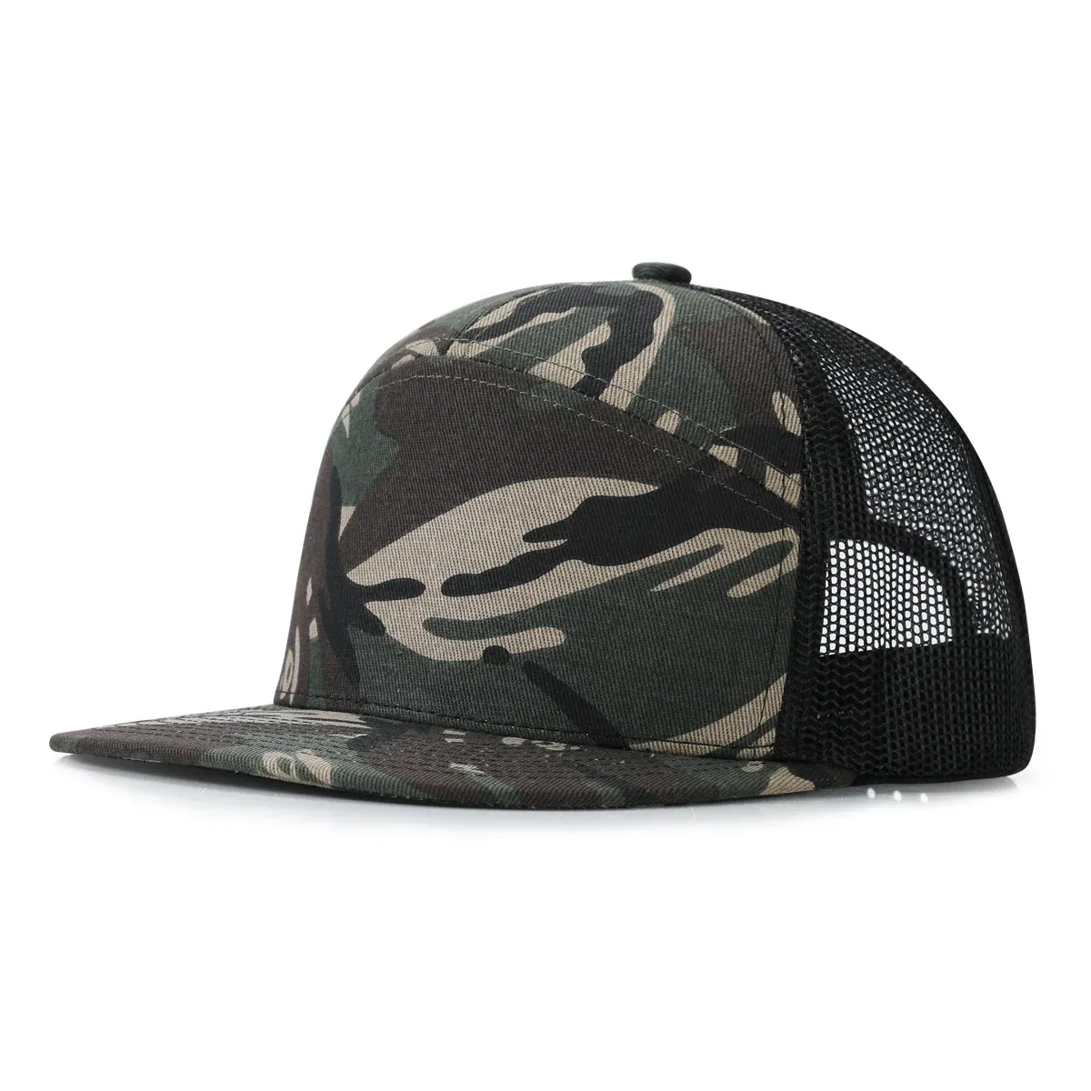 Camo flat brim snapback cap with black mesh back panels, side view
