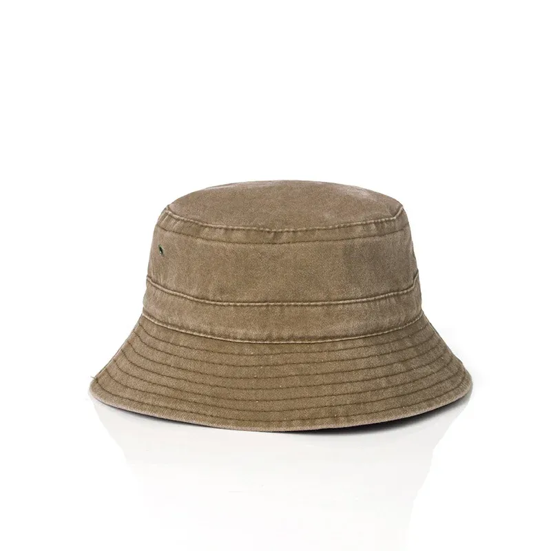 Khaki tan washed denim bucket hat with stitched brim, front view