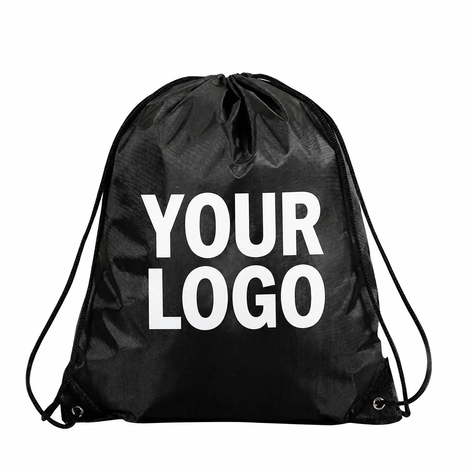Black 210D polyester drawstring backpack with white YOUR LOGO placeholder print, front view