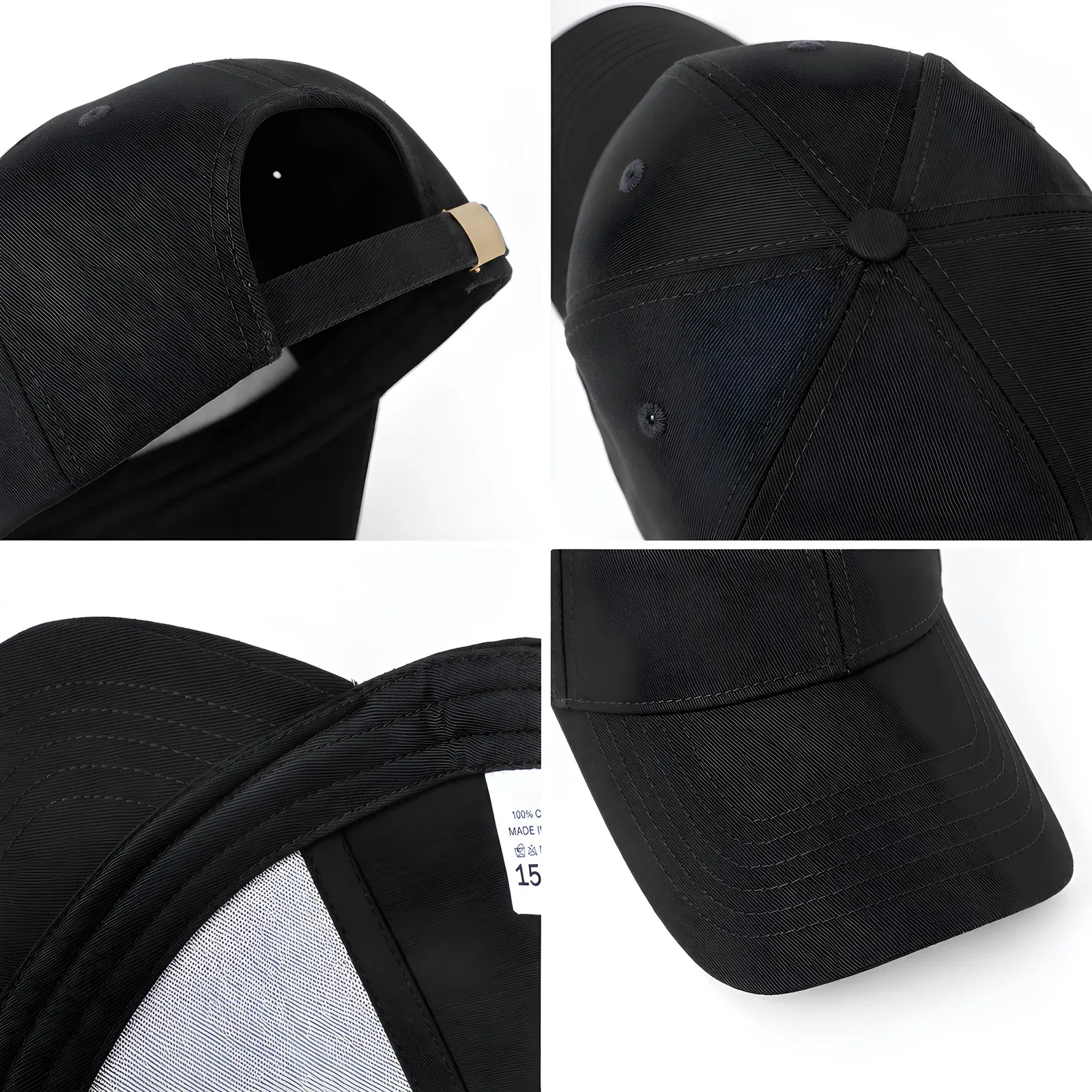 Four-panel detail collage of the black structured cotton twill baseball cap showing the metal buckle, six-panel top seams, brim underside with care label and brim stitching