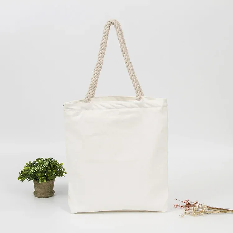 Ivory 10oz cotton tote bag with thick twisted rope handles, front view